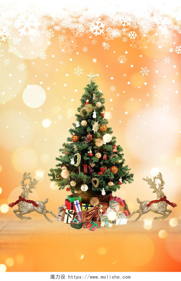 橙色背景光斑雪花圣诞树金色小鹿礼物盒下雪展板背景图